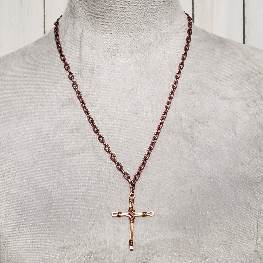 Copper Wire Wrapped Cross Rustic Boho Religious Christian Pendant With Chain